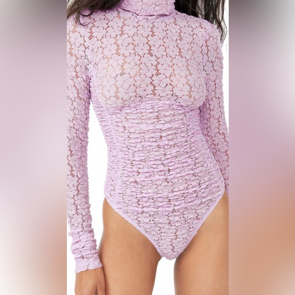 Free People NWT Long Sleeve Semi Sheer Lace Bodysuit -Small lilac runs large